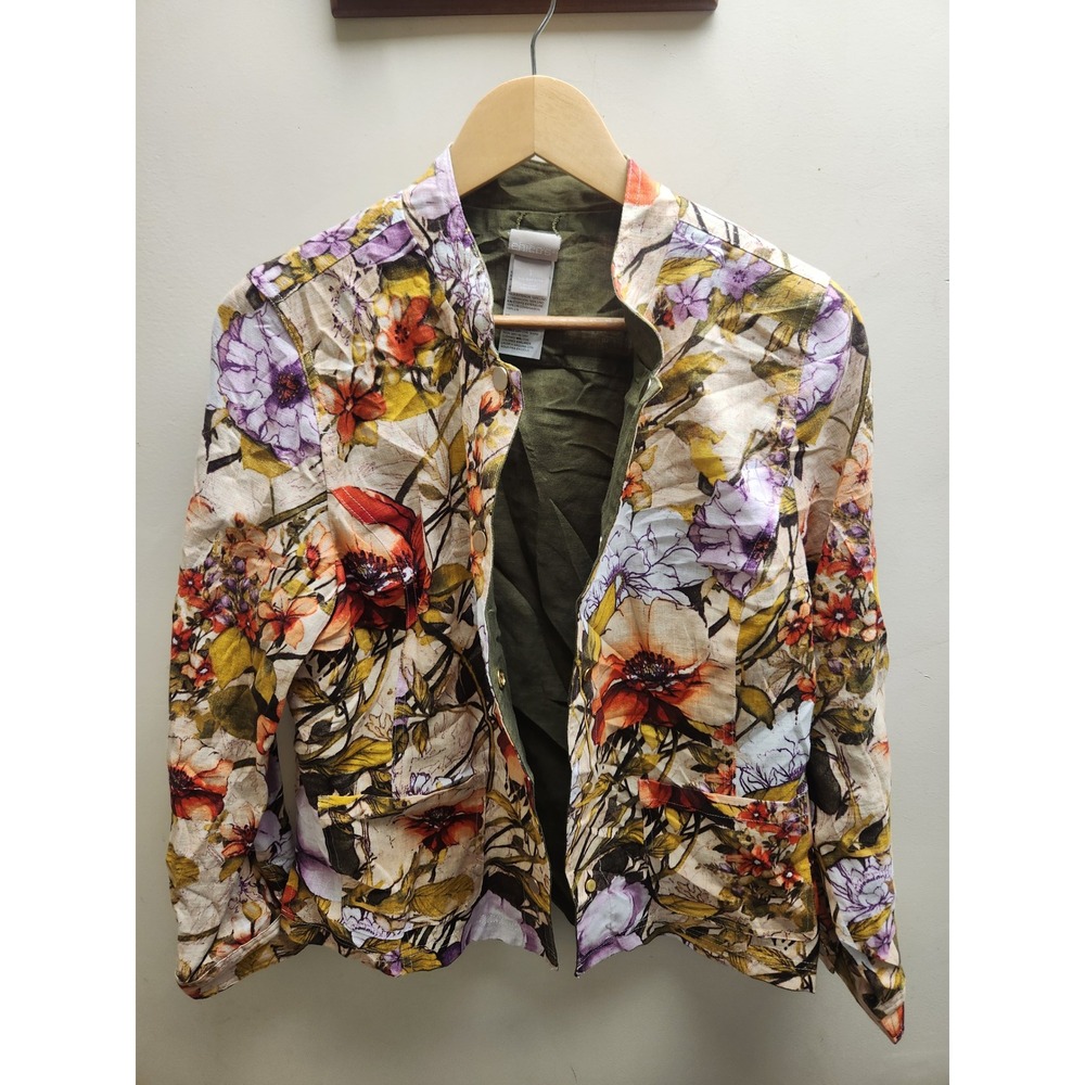 Chicos Reversible Linen Gathered Floral 3/4 Sleeve‎ Jacket Ecru Olive Green 1 M